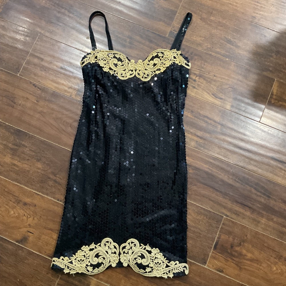 Scott McClintock Vintage Black Sequin Gold Lace Mini Dress Size 4 Cocktail